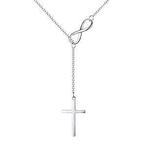 Silver Tone Infinity Cross Lariat Style Necklace